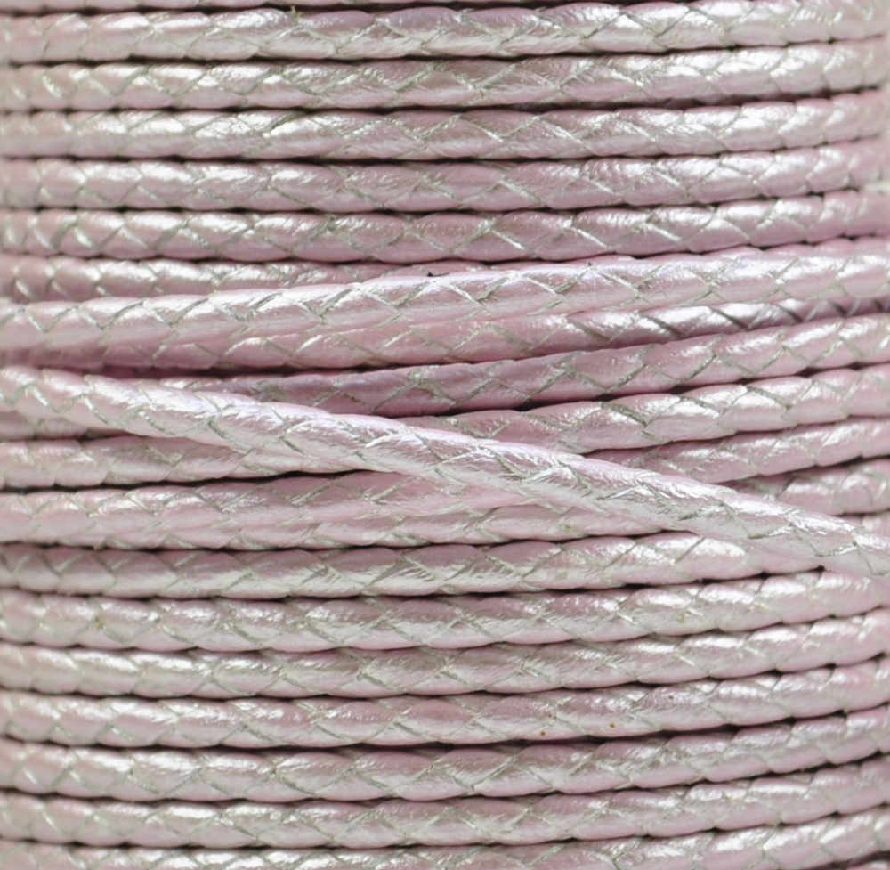 Geflochtene Lederkordel Ø 3 mm Rosa metallic Glanz, pro Meter