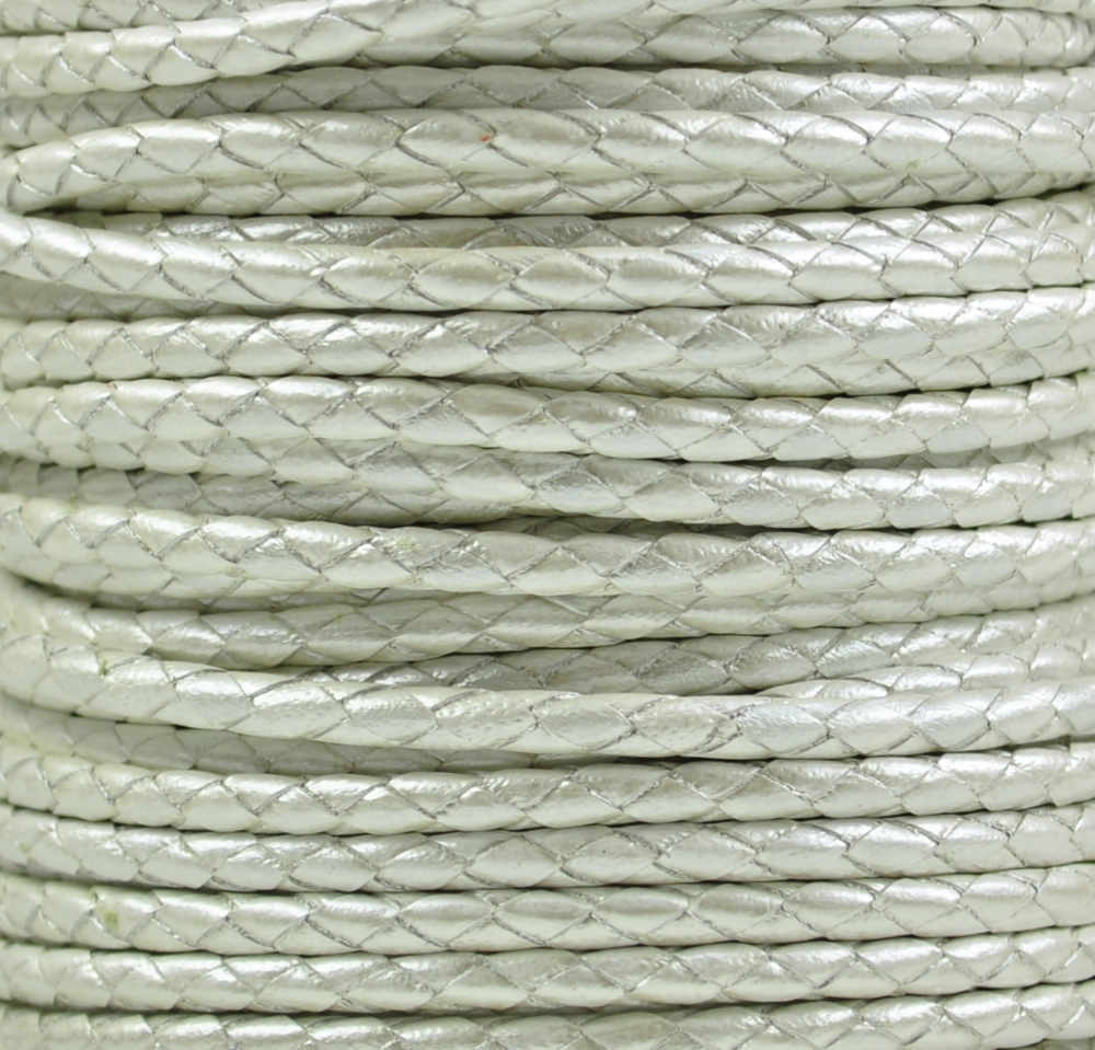 Geflochtene Lederkordel Ø 3 mm Weiss Perlmuttglanz, pro Meter