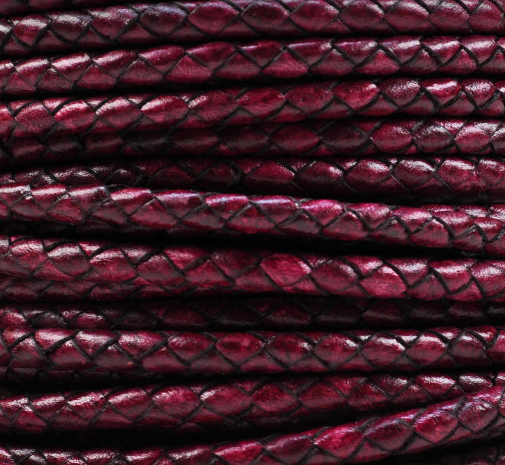 Geflochtene Lederkordel Ø 6 mm Bordeaux Rot, pro Meter