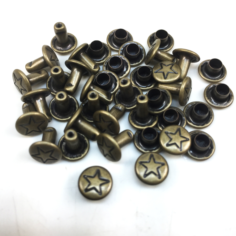 Doppelkopfnieten mit Sternmotiv, Eisen Altmessing, Ø9 x 8.6  mm, 100 Stk/Pkg
